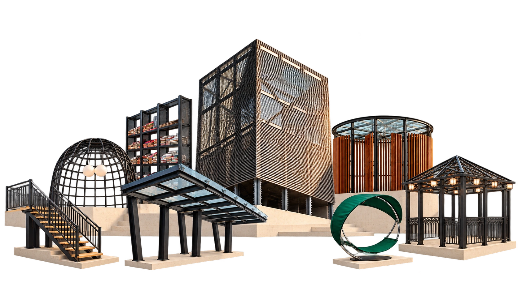 CIC metalwork collection: louvred tower, dome, circular pavilion, mesh shelving, staircase, glass canopy, steel pavilion and green hammock